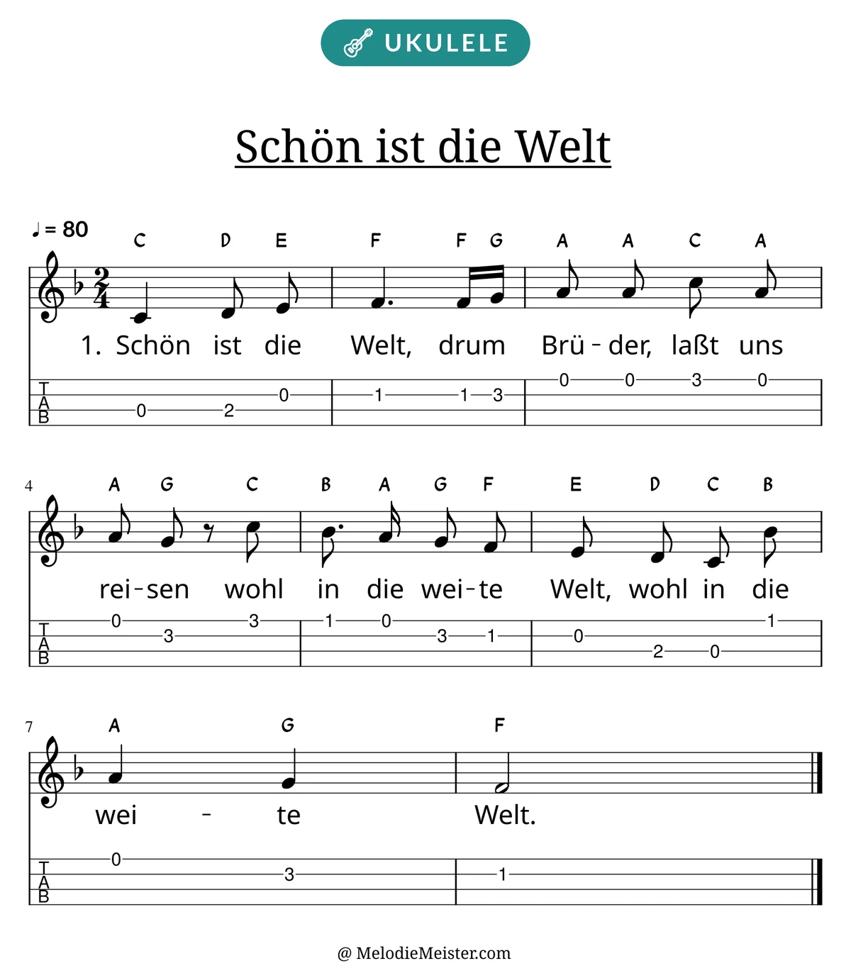 Notenblatt „Schön ist die Welt“ für Ukulele: Melodie mit Buchstaben über den Noten, darunter der Liedtext der 1. Strophe und die Ukulele-Tabulatur mit Bundzahlen.