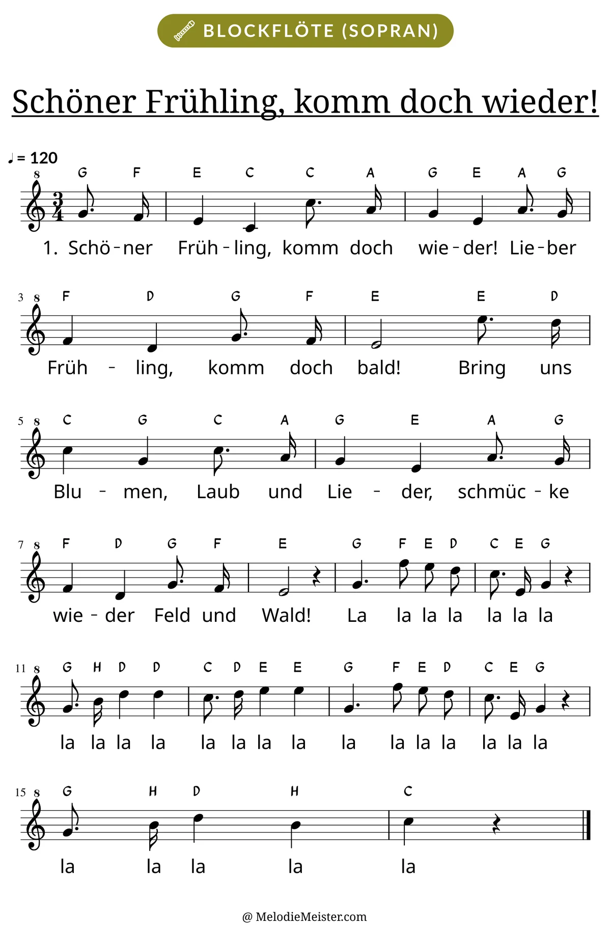 Notenblatt „Schöner Frühling, komm doch wieder!“ für Blockflöte: Melodie mit Buchstaben über den Noten, darunter der Liedtext der 1. Strophe.