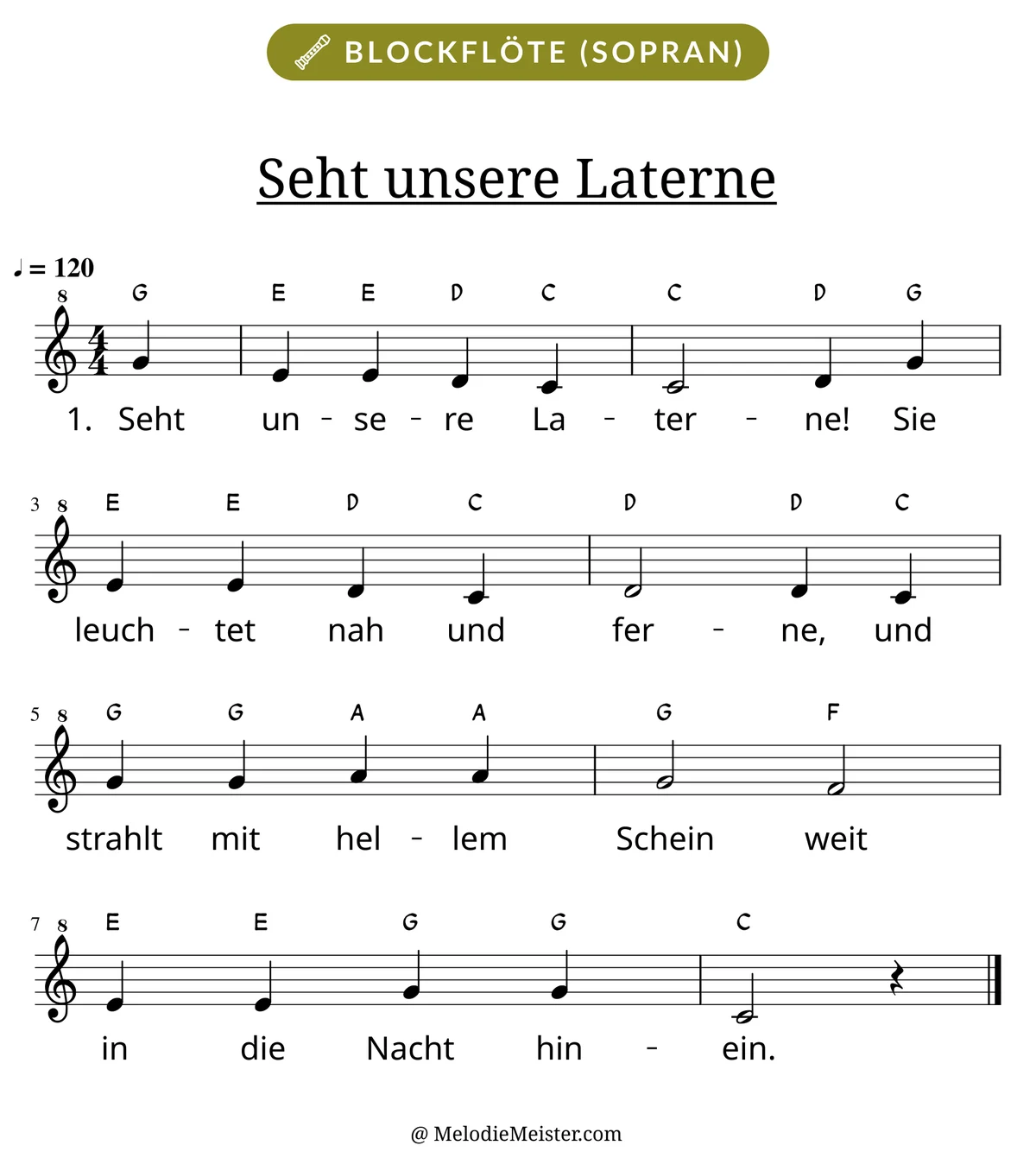Notenblatt „Seht unsere Laterne“ für Blockflöte: Melodie mit Buchstaben über den Noten, darunter der Liedtext der 1. Strophe.