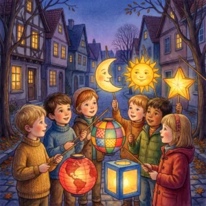 Kinder stehen abends in einer Fachwerkgasse und halten bunte Laternen: einen Mond, eine Sonne, einen Stern, eine Weltkugel und eine Würfellaterne.