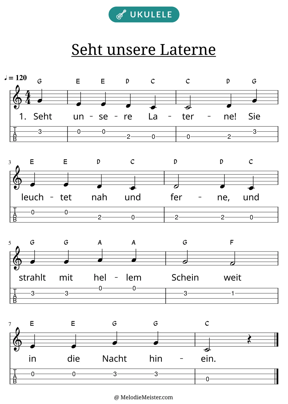 Notenblatt „Seht unsere Laterne“ für Ukulele: Melodie mit Buchstaben über den Noten, darunter der Liedtext der 1. Strophe und die Ukulele-Tabulatur mit Bundzahlen.