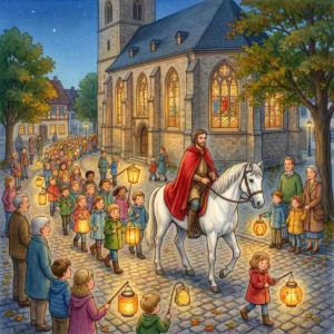 Ein Laternenumzug vor einer beleuchteten Kirche: Sankt Martin mit rotem Mantel reitet auf einem Schimmel, Kinder und Erwachsene tragen Laternen.