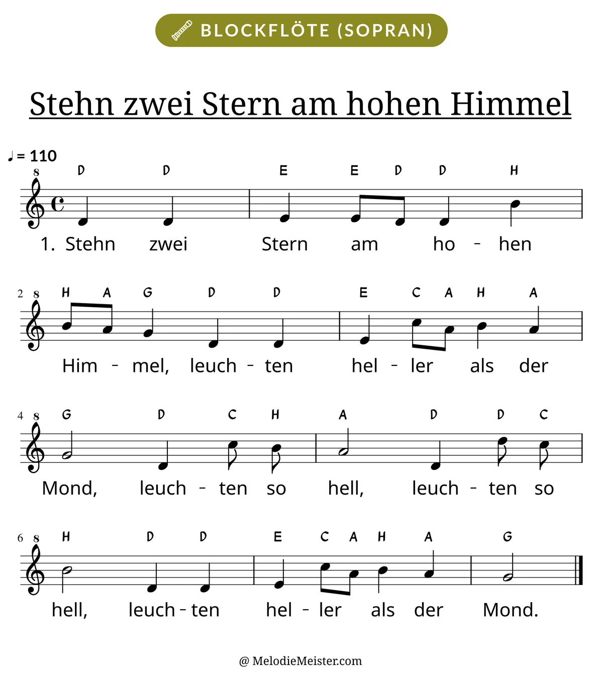 Notenblatt „Stehn zwei Stern am hohen Himmel“ für Blockflöte: Melodie mit Buchstaben über den Noten, darunter der Liedtext der 1. Strophe.