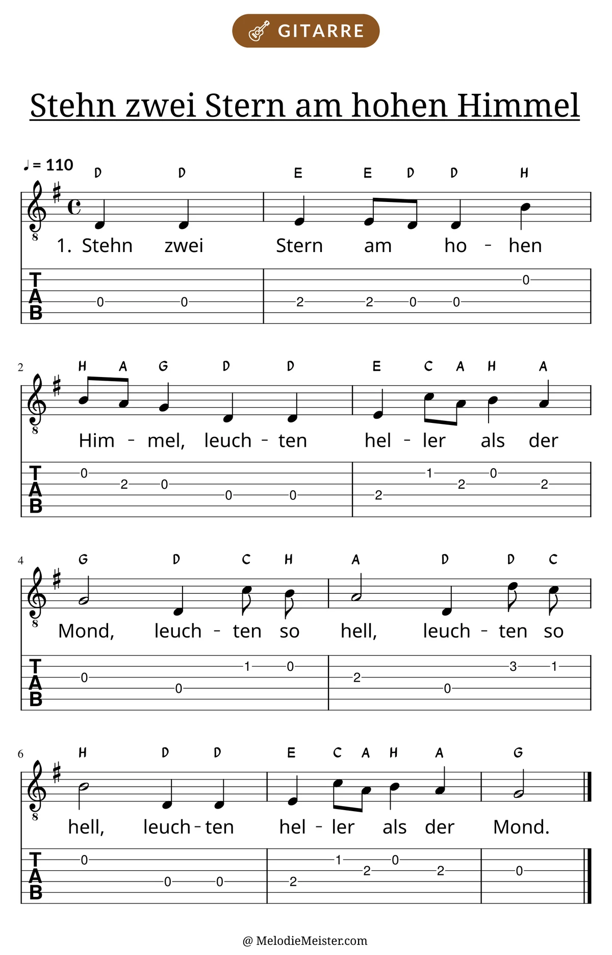 Notenblatt „Stehn zwei Stern am hohen Himmel“ für Gitarre: Melodie mit Buchstaben über den Noten, darunter der Liedtext der 1. Strophe und die Gitarren-Tabulatur mit Bundzahlen.
