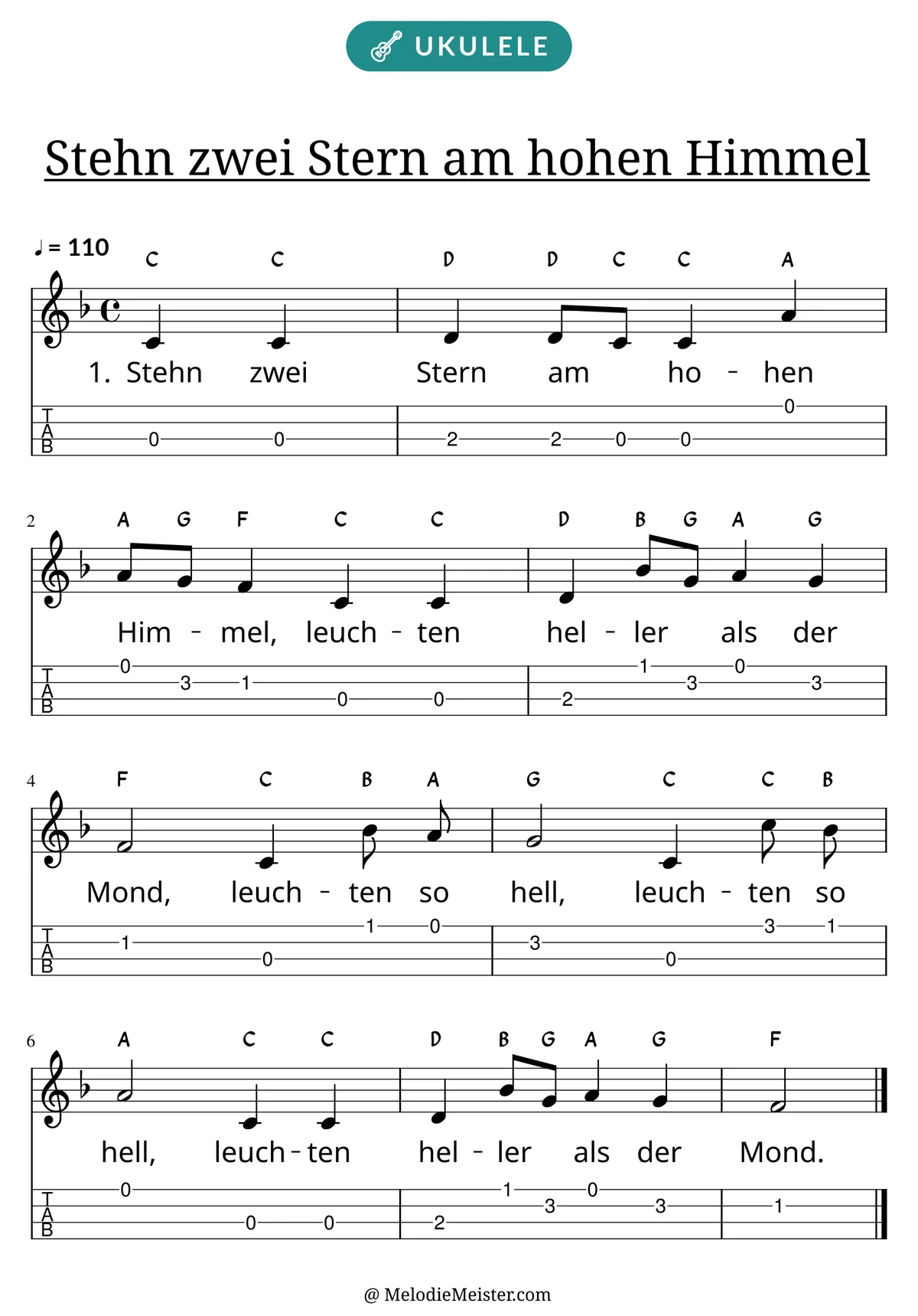 Notenblatt „Stehn zwei Stern am hohen Himmel“ für Ukulele: Melodie mit Buchstaben über den Noten, darunter der Liedtext der 1. Strophe und die Ukulele-Tabulatur mit Bundzahlen.