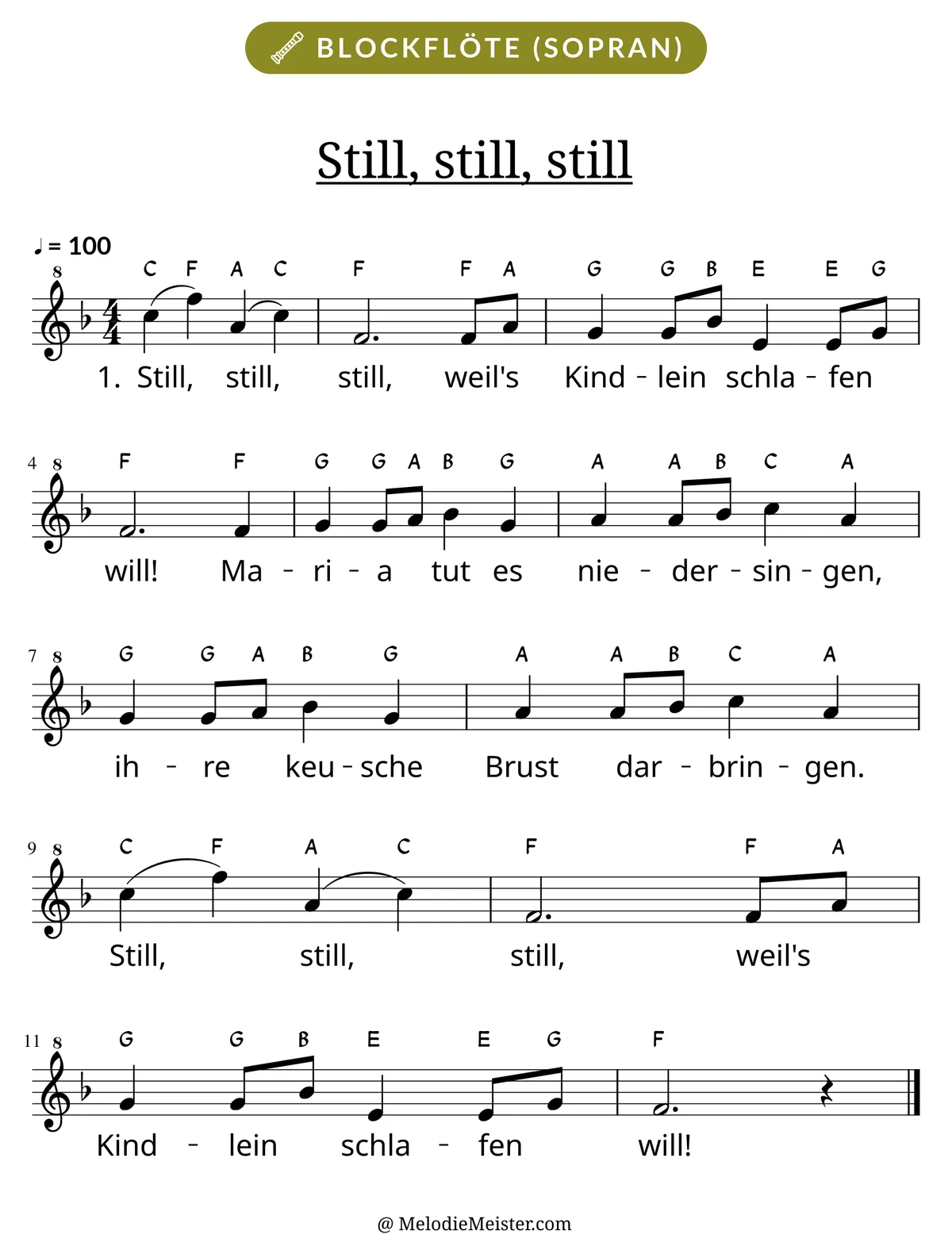 Notenblatt „Still, still, still“ für Blockflöte: Melodie mit Buchstaben über den Noten, darunter der Liedtext der 1. Strophe.
