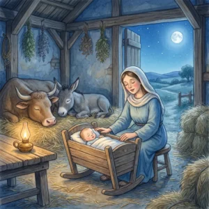 Maria wiegt in einem stillen, mondhellen Stall das schlafende Kind in einer hölzernen Wiege, Ochs und Esel schlafen im Stroh, eine kleine Öllampe brennt.