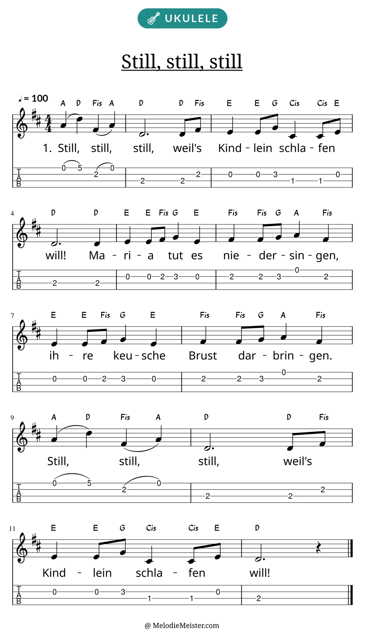 Notenblatt „Still, still, still“ für Ukulele: Melodie mit Buchstaben über den Noten, darunter der Liedtext der 1. Strophe und die Ukulele-Tabulatur mit Bundzahlen.