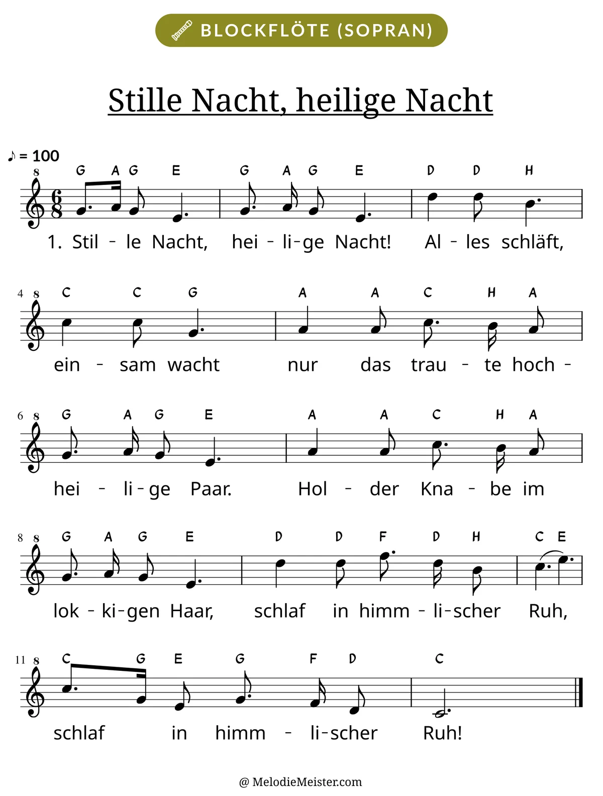 Notenblatt „Stille Nacht, heilige Nacht“ für Blockflöte: Melodie mit Buchstaben über den Noten, darunter der Liedtext der 1. Strophe.