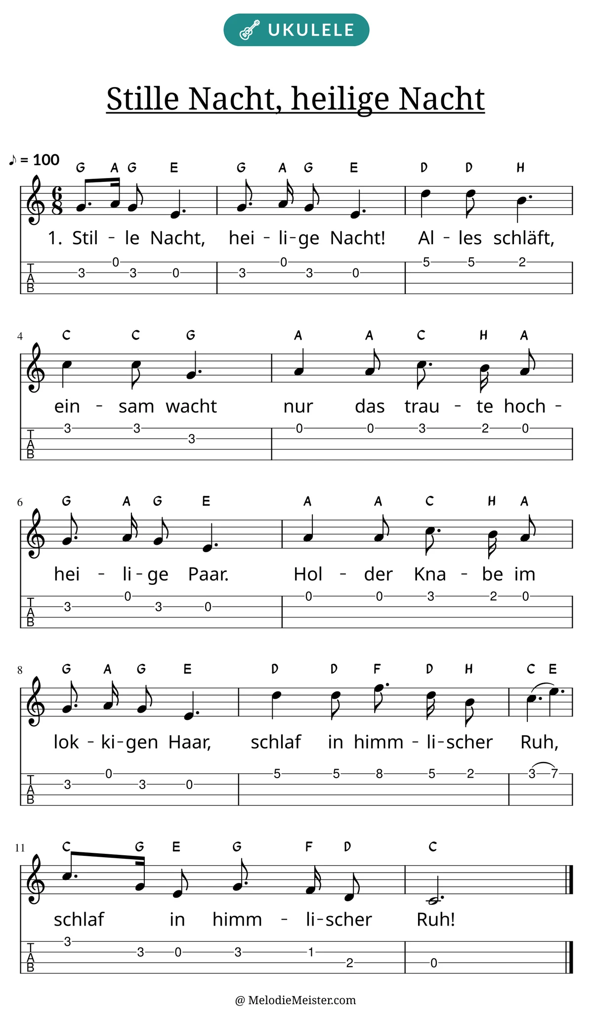 Notenblatt „Stille Nacht, heilige Nacht“ für Ukulele: Melodie mit Buchstaben über den Noten, darunter der Liedtext der 1. Strophe und die Ukulele-Tabulatur mit Bundzahlen.