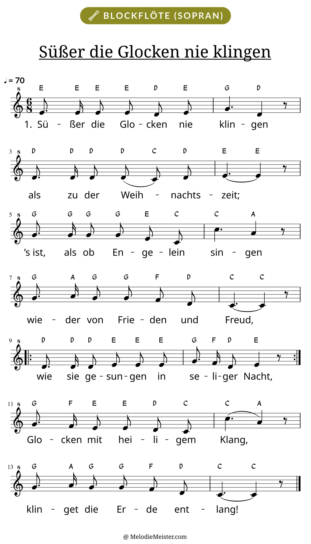 Notenblatt „Süßer die Glocken nie klingen“ für Blockflöte: Melodie mit Buchstaben über den Noten, darunter der Liedtext der 1. Strophe.