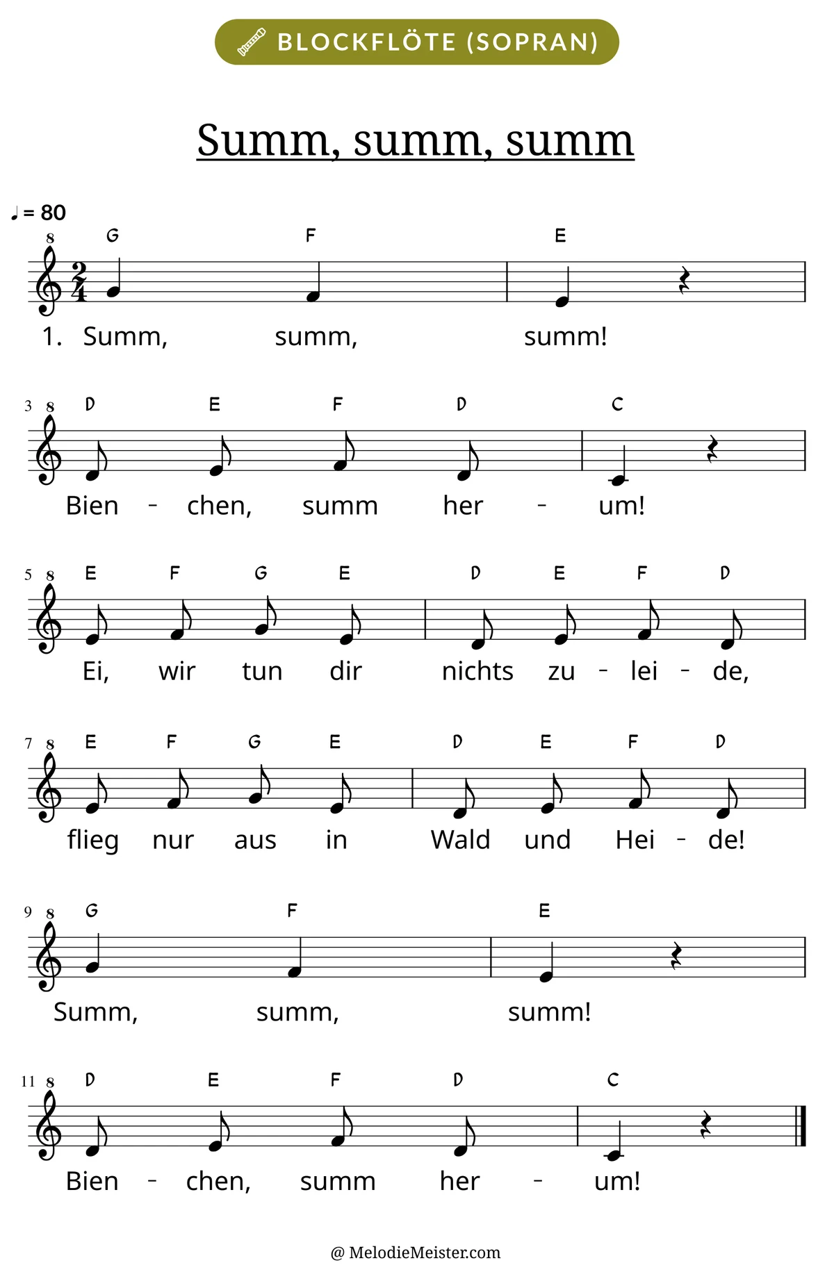 Notenblatt „Summ, summ, summ“ für Blockflöte: Melodie mit Buchstaben über den Noten, darunter der Liedtext der 1. Strophe.