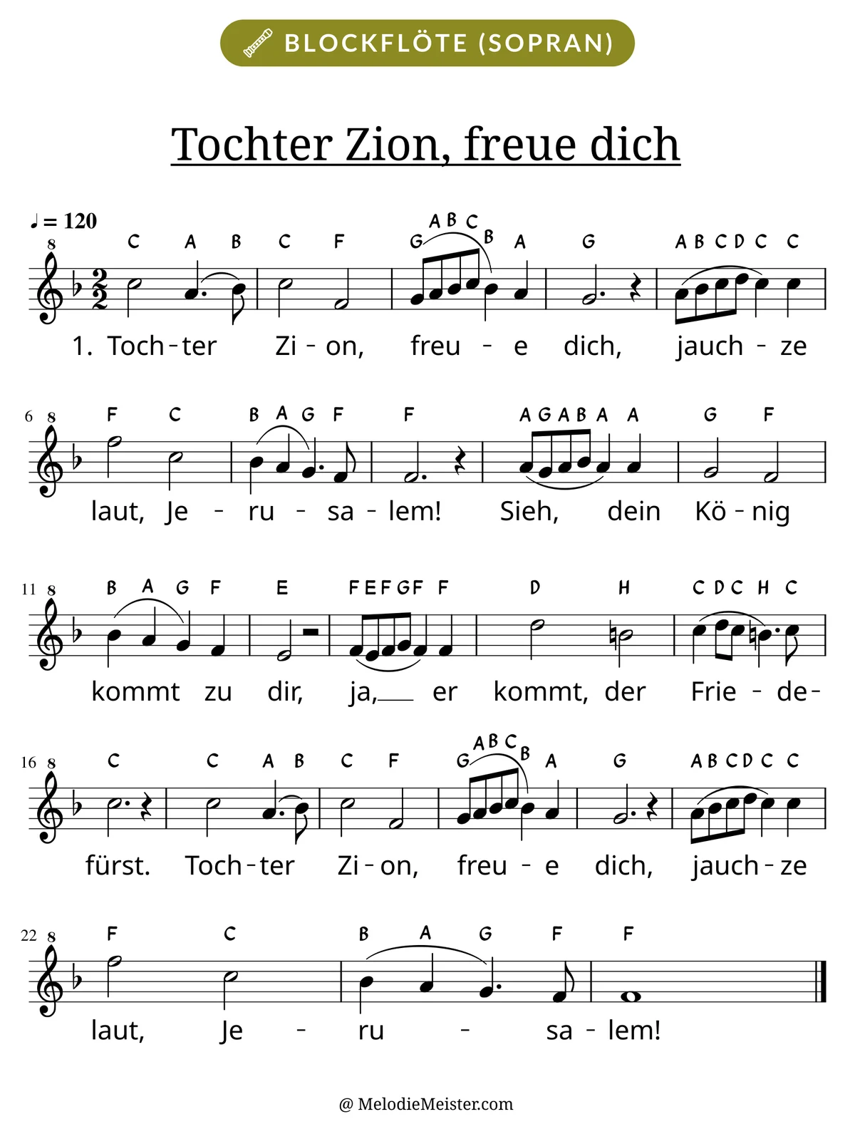 Notenblatt „Tochter Zion, freue dich“ für Blockflöte: Melodie mit Buchstaben über den Noten, darunter der Liedtext der 1. Strophe.