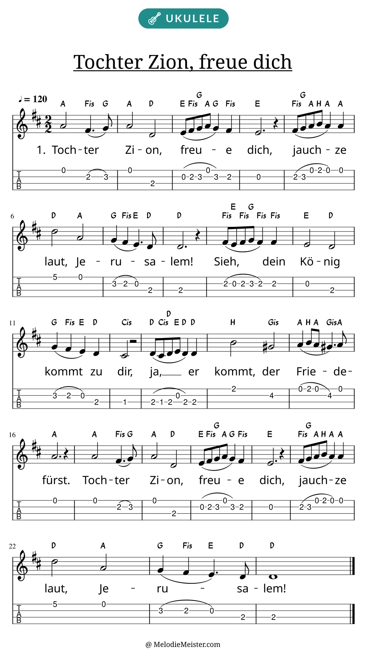 Notenblatt „Tochter Zion, freue dich“ für Ukulele: Melodie mit Buchstaben über den Noten, darunter der Liedtext der 1. Strophe und die Ukulele-Tabulatur mit Bundzahlen.