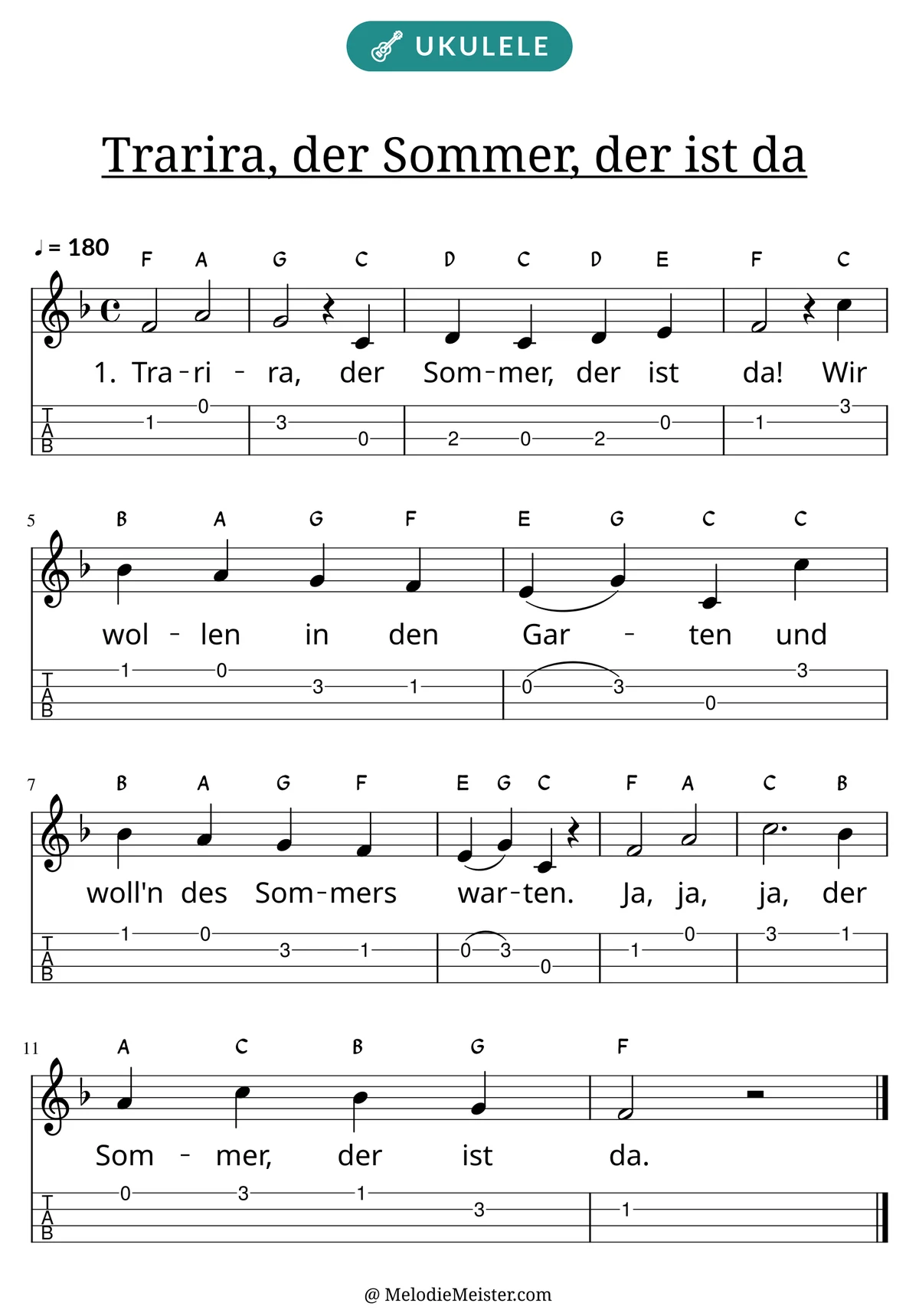 Notenblatt „Trarira, der Sommer, der ist da“ für Ukulele: Melodie mit Buchstaben über den Noten, darunter der Liedtext der 1. Strophe und die Ukulele-Tabulatur mit Bundzahlen.