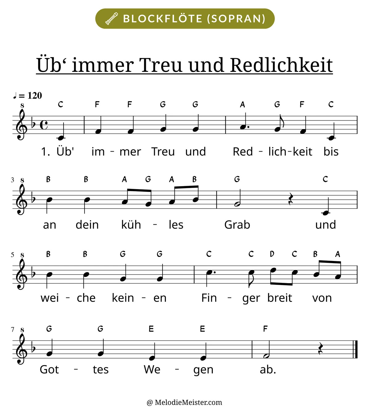 Notenblatt „Üb‘ immer Treu und Redlichkeit“ für Blockflöte: Melodie mit Buchstaben über den Noten, darunter der Liedtext der 1. Strophe.