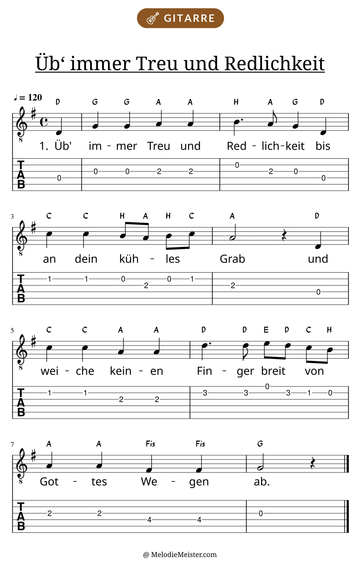 Notenblatt „Üb‘ immer Treu und Redlichkeit“ für Gitarre: Melodie mit Buchstaben über den Noten, darunter der Liedtext der 1. Strophe und die Gitarren-Tabulatur mit Bundzahlen.