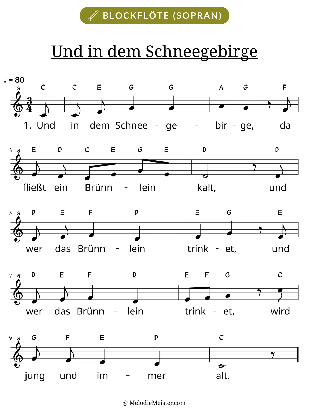 Notenblatt „Und in dem Schneegebirge“ für Blockflöte: Melodie mit Buchstaben über den Noten, darunter der Liedtext der 1. Strophe.