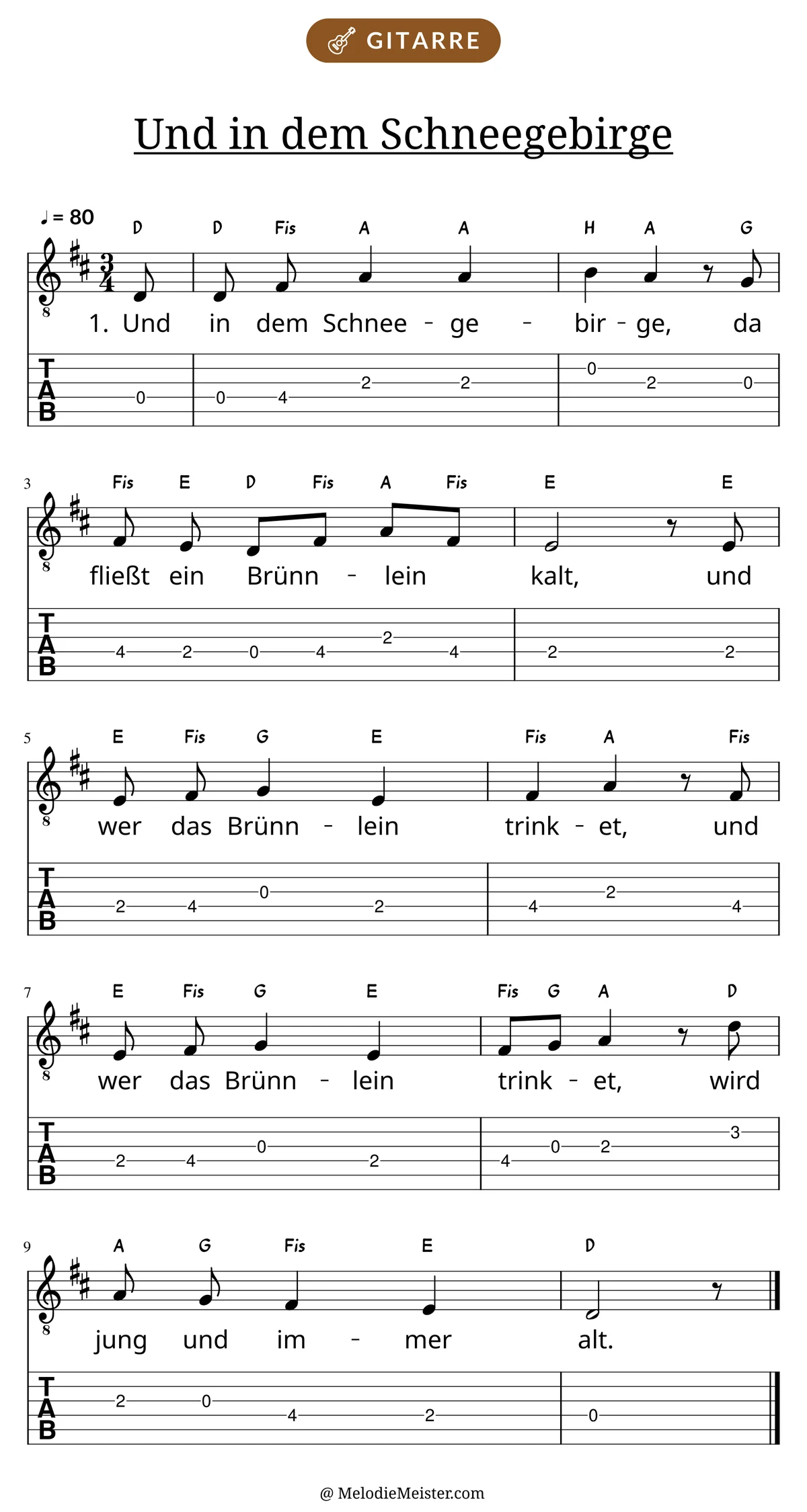 Notenblatt „Und in dem Schneegebirge“ für Gitarre: Melodie mit Buchstaben über den Noten, darunter der Liedtext der 1. Strophe und die Gitarren-Tabulatur mit Bundzahlen.