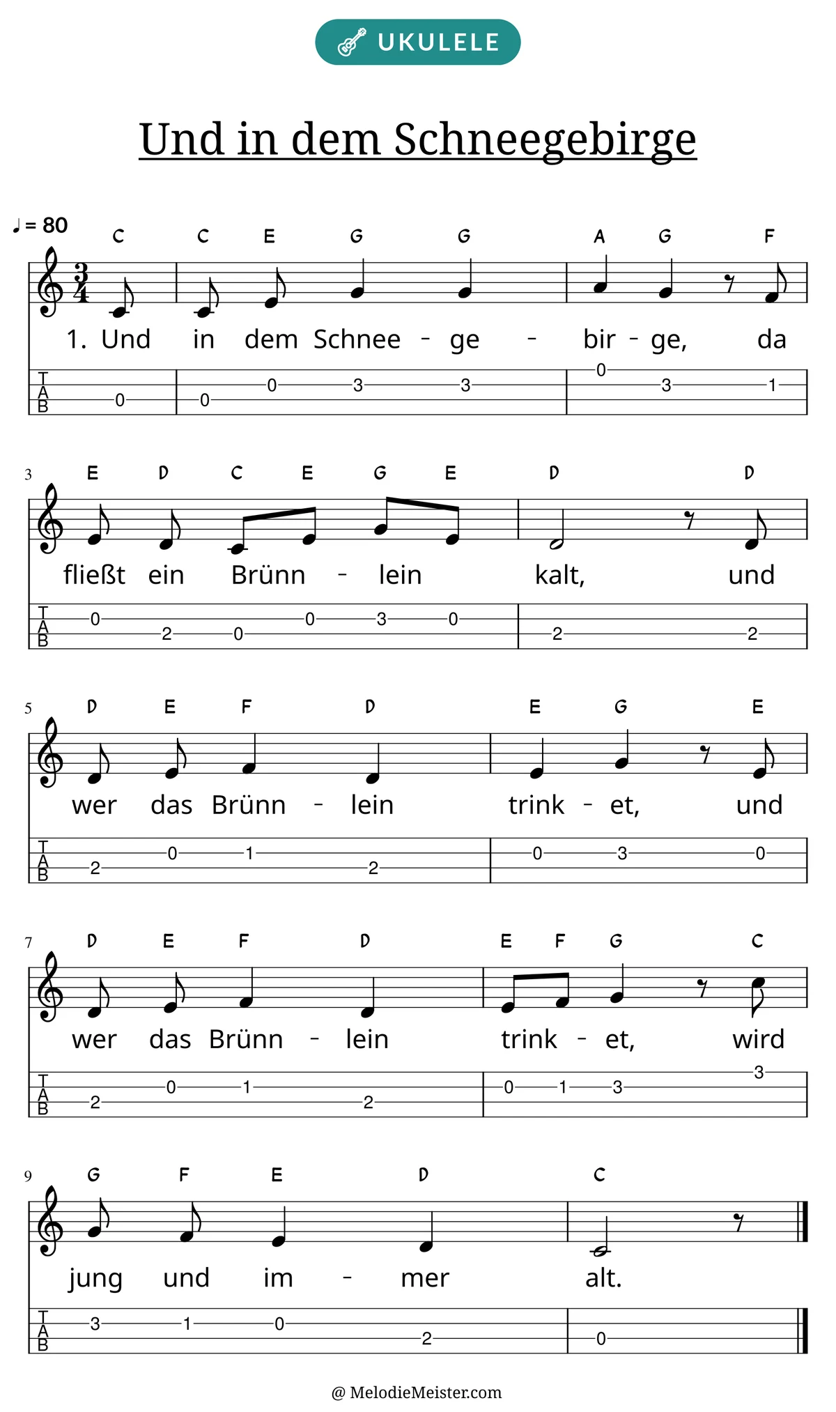 Notenblatt „Und in dem Schneegebirge“ für Ukulele: Melodie mit Buchstaben über den Noten, darunter der Liedtext der 1. Strophe und die Ukulele-Tabulatur mit Bundzahlen.