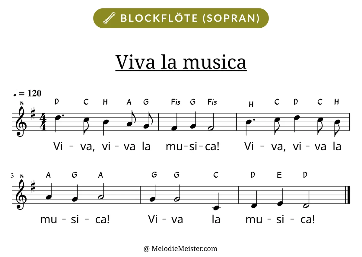 Notenblatt „Viva la musica“ für Blockflöte: Melodie mit Buchstaben über den Noten, darunter der Liedtext.