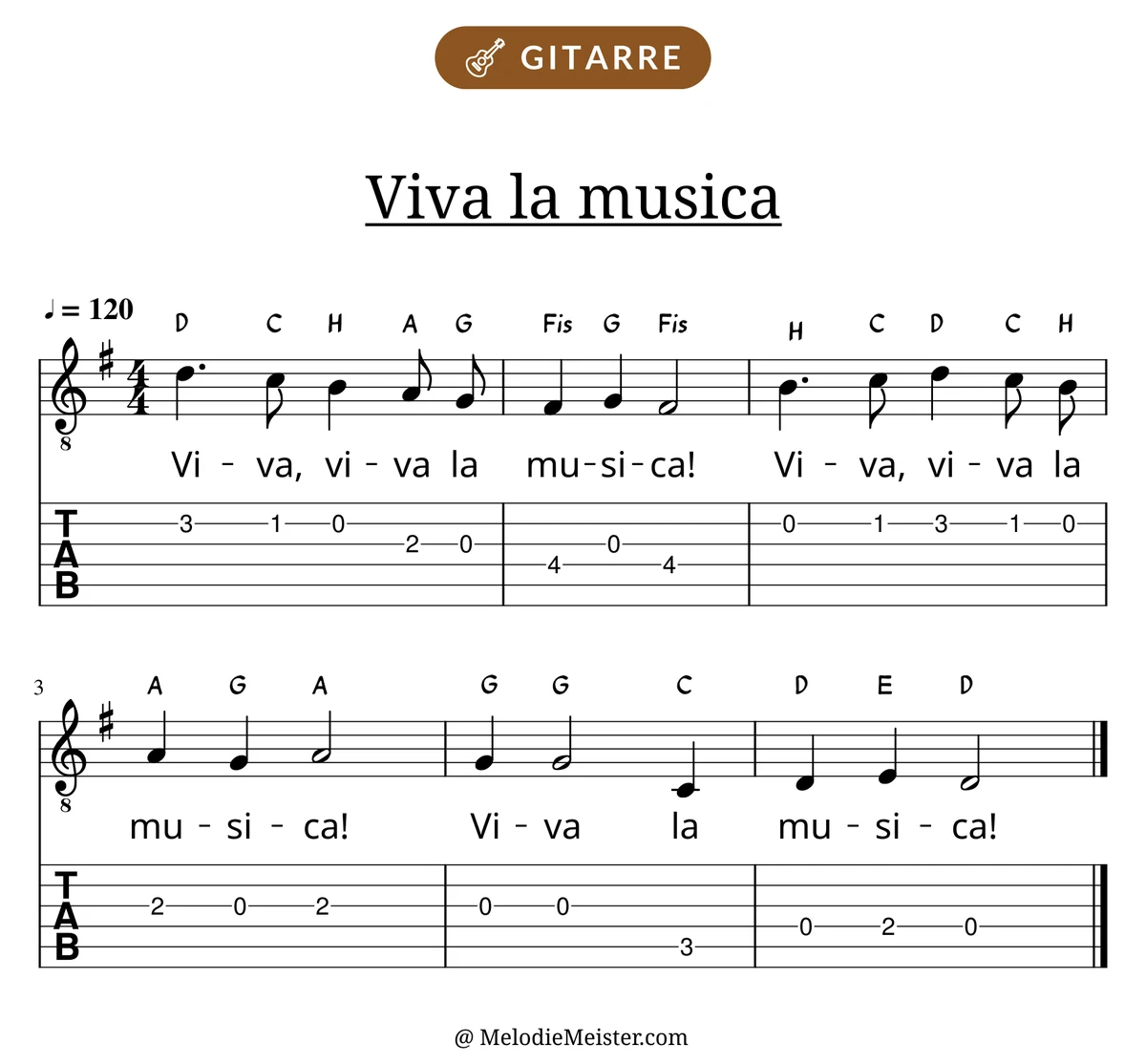 Notenblatt „Viva la musica“ für Gitarre: Melodie mit Buchstaben über den Noten, darunter der Liedtext und die Gitarren-Tabulatur mit Bundzahlen.