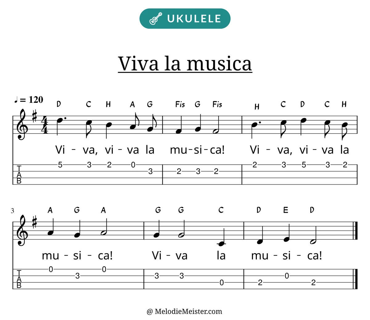 Notenblatt „Viva la musica“ für Ukulele: Melodie mit Buchstaben über den Noten, darunter der Liedtext und die Ukulele-Tabulatur mit Bundzahlen.