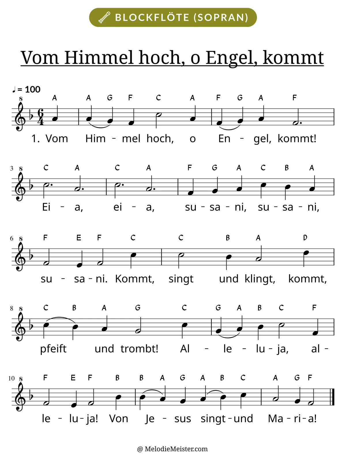 Notenblatt „Vom Himmel hoch, o Engel, kommt“ für Blockflöte: Melodie mit Buchstaben über den Noten, darunter der Liedtext der 1. Strophe.