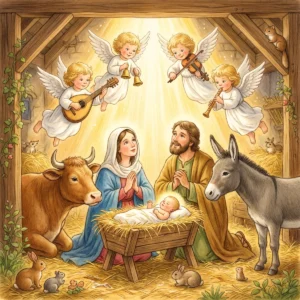 Kleine Engel mit Laute, Geige und Flöte schweben musizierend über der Krippe, Maria und Josef schauen hinauf, Ochs und Esel stehen daneben.
