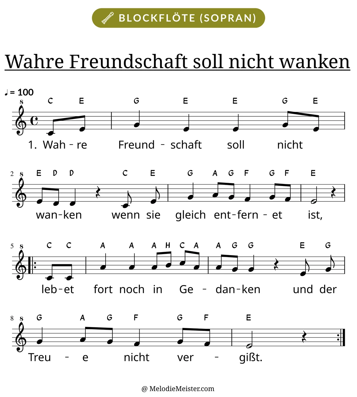 Notenblatt „Wahre Freundschaft soll nicht wanken“ für Blockflöte: Melodie mit Buchstaben über den Noten, darunter der Liedtext der 1. Strophe.