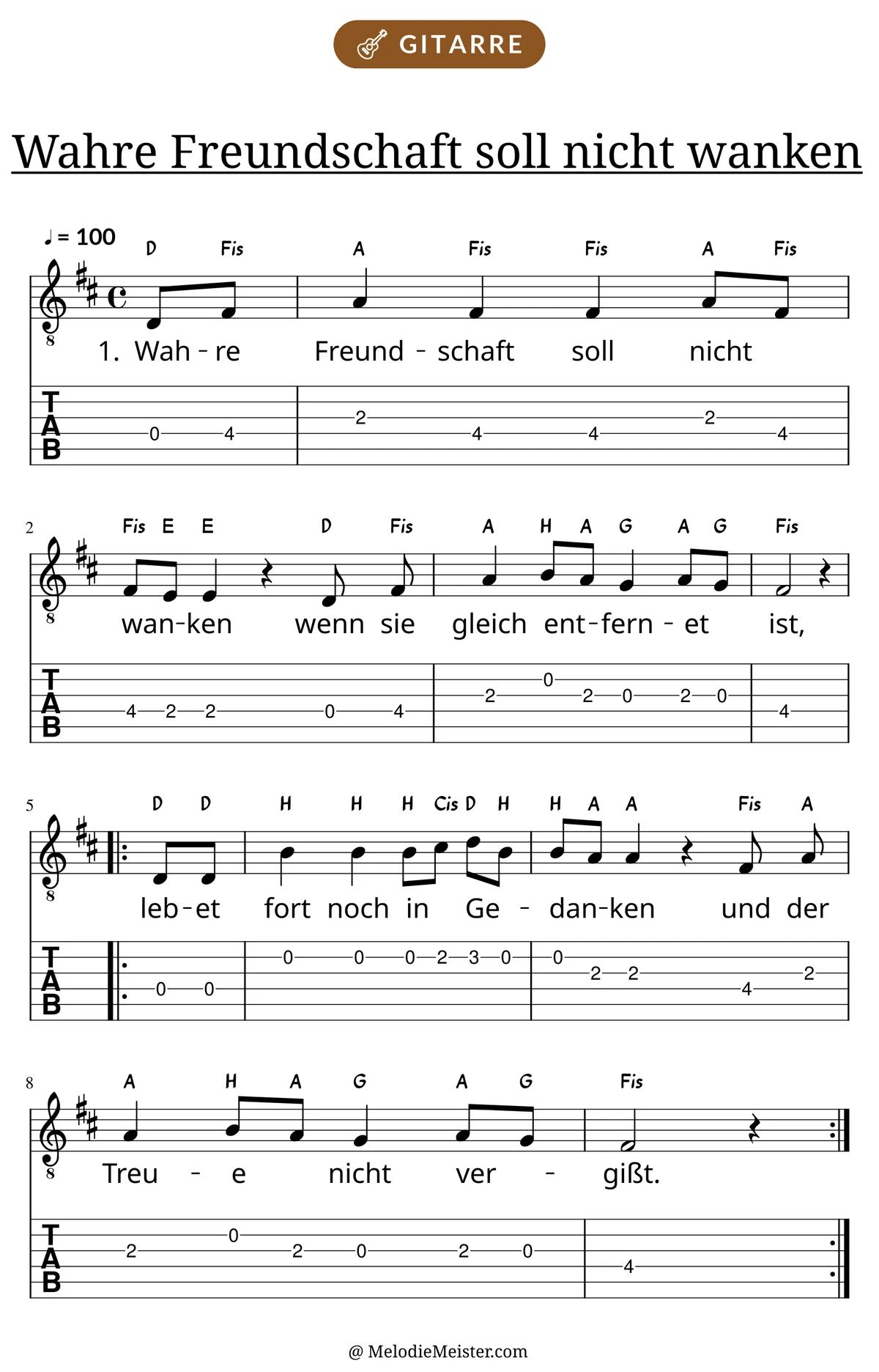 Notenblatt „Wahre Freundschaft soll nicht wanken“ für Gitarre: Melodie mit Buchstaben über den Noten, darunter der Liedtext der 1. Strophe und die Gitarren-Tabulatur mit Bundzahlen.