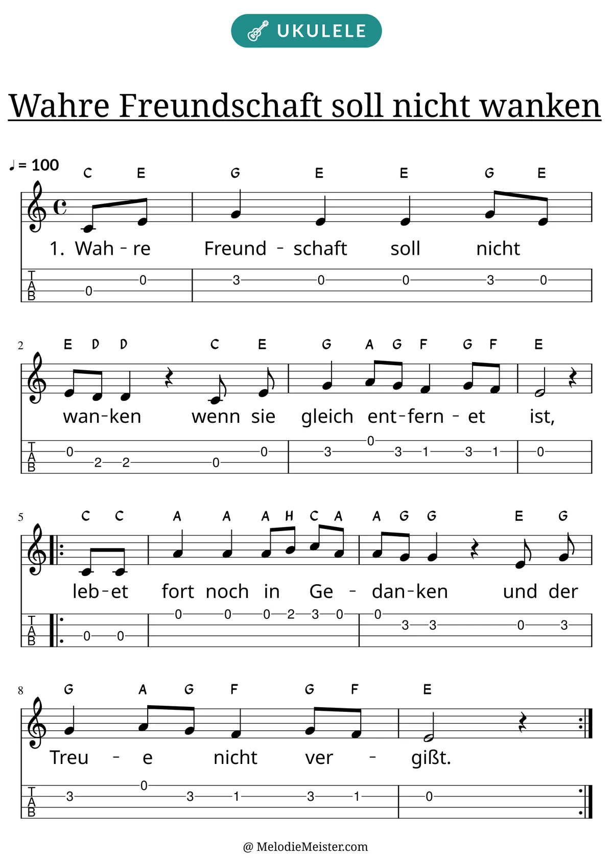 Notenblatt „Wahre Freundschaft soll nicht wanken“ für Ukulele: Melodie mit Buchstaben über den Noten, darunter der Liedtext der 1. Strophe und die Ukulele-Tabulatur mit Bundzahlen.