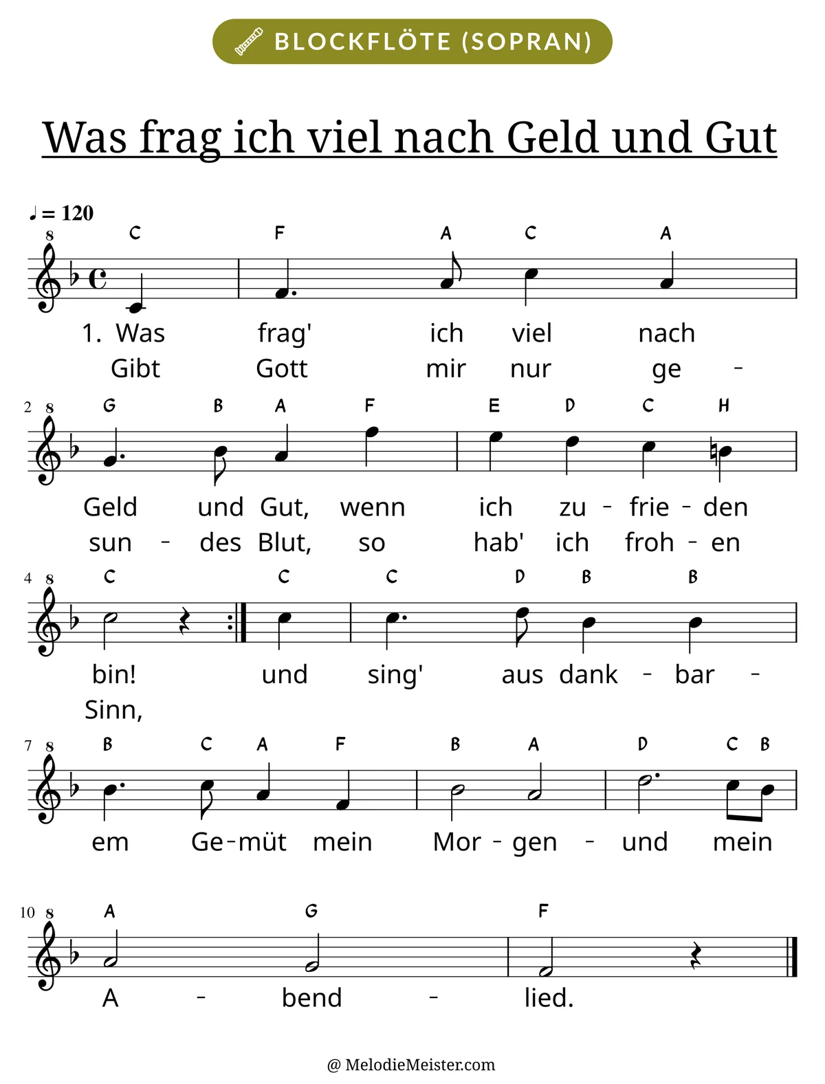 Notenblatt „Was frag ich viel nach Geld und Gut“ für Blockflöte: Melodie mit Buchstaben über den Noten, darunter der Liedtext der ersten beiden Strophen.