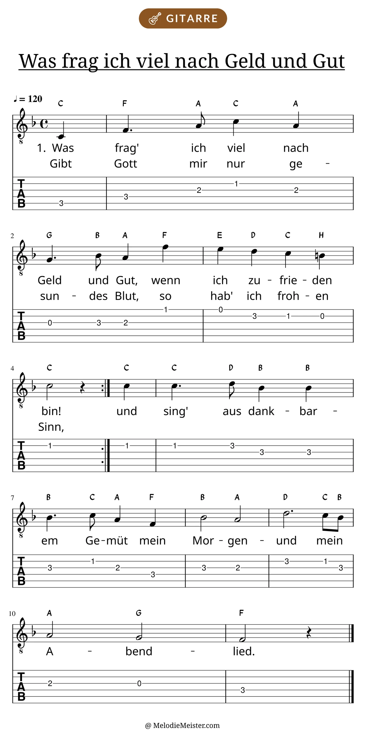 Notenblatt „Was frag ich viel nach Geld und Gut“ für Gitarre: Melodie mit Buchstaben über den Noten, darunter der Liedtext der ersten beiden Strophen und die Gitarren-Tabulatur mit Bundzahlen.