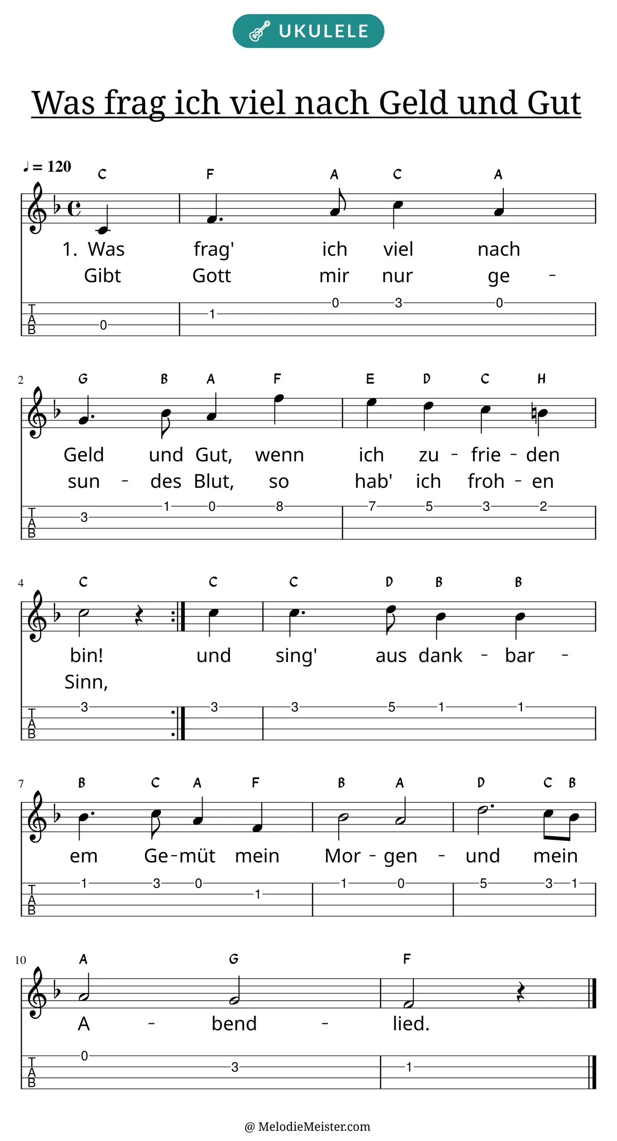 Notenblatt „Was frag ich viel nach Geld und Gut“ für Ukulele: Melodie mit Buchstaben über den Noten, darunter der Liedtext der ersten beiden Strophen und die Ukulele-Tabulatur mit Bundzahlen.
