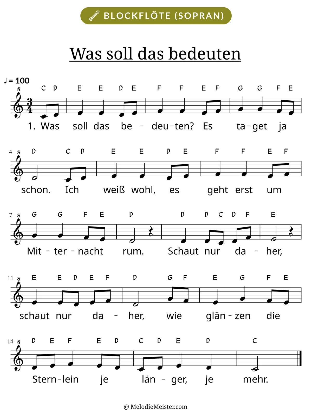 Notenblatt „Was soll das bedeuten“ für Blockflöte: Melodie mit Buchstaben über den Noten, darunter der Liedtext der 1. Strophe.
