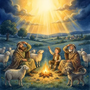Hirten am Lagerfeuer schrecken nachts aus dem Schlaf und schauen zum Himmel, der plötzlich hell und golden leuchtet; Schafe und ein Hund liegen um sie herum.