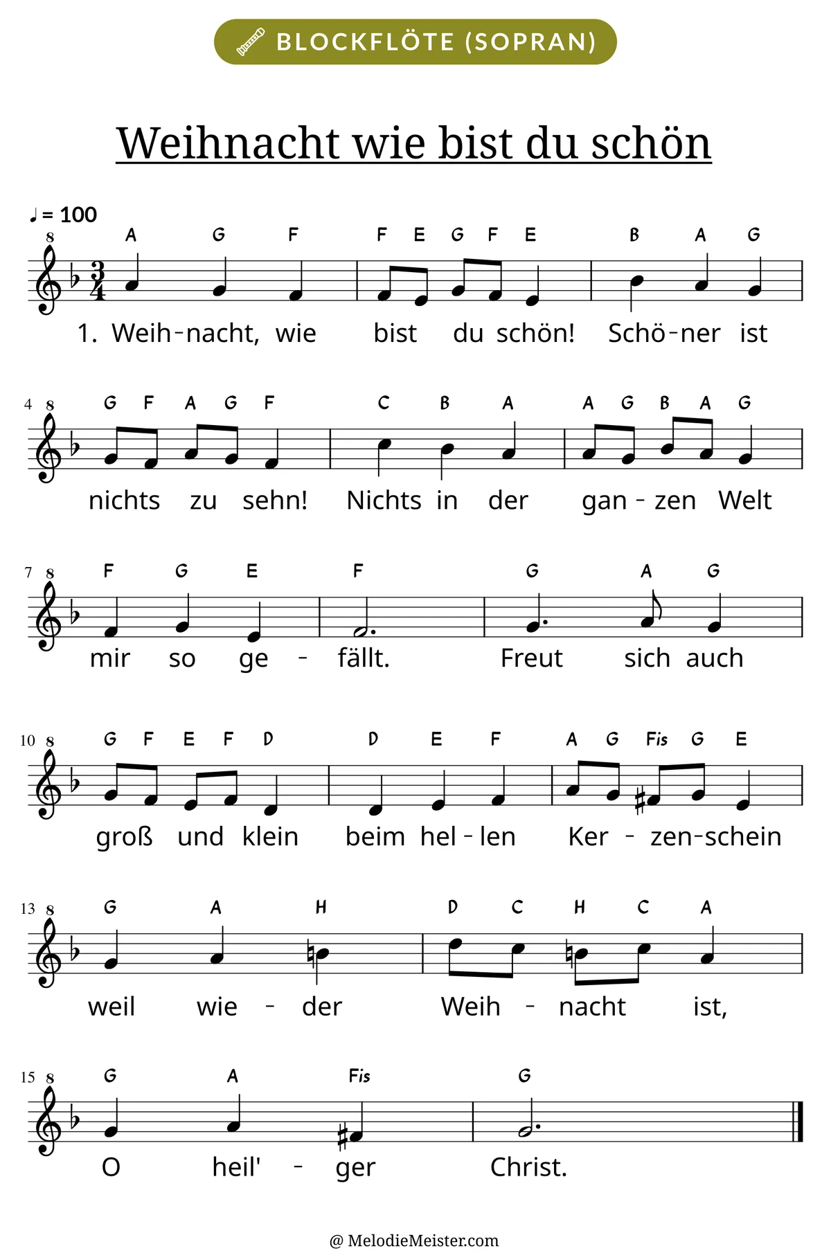 Notenblatt „Weihnacht wie bist du schön“ für Blockflöte: Melodie mit Buchstaben über den Noten, darunter der Liedtext der 1. Strophe.