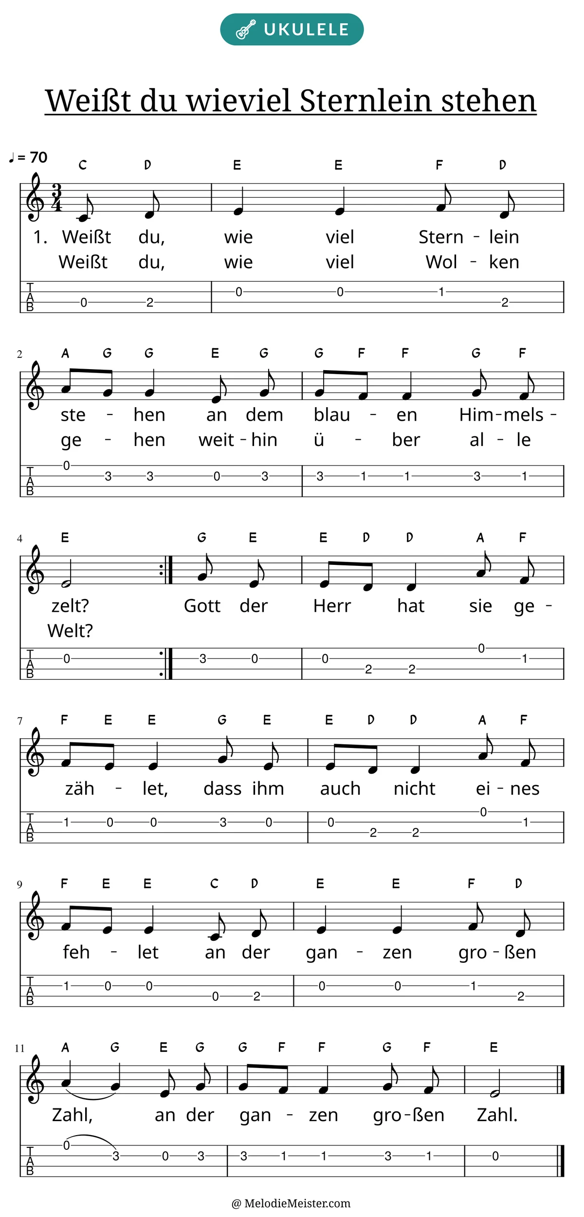 Notenblatt „Weißt du wieviel Sternlein stehen“ für Ukulele: Melodie mit Buchstaben über den Noten, darunter der Liedtext der ersten beiden Strophen und die Ukulele-Tabulatur mit Bundzahlen.