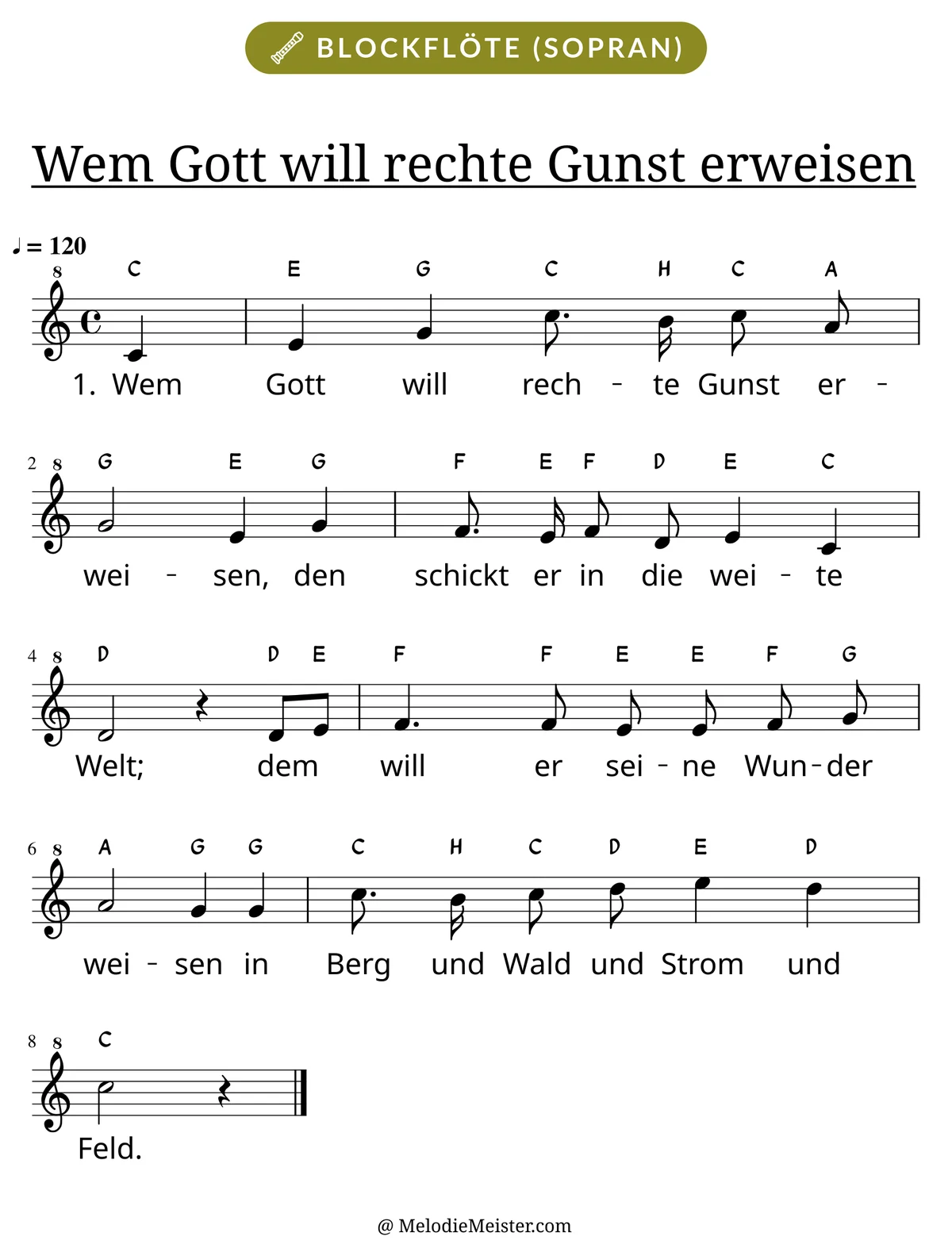 Notenblatt „Wem Gott will rechte Gunst erweisen“ für Blockflöte: Melodie mit Buchstaben über den Noten, darunter der Liedtext der 1. Strophe.