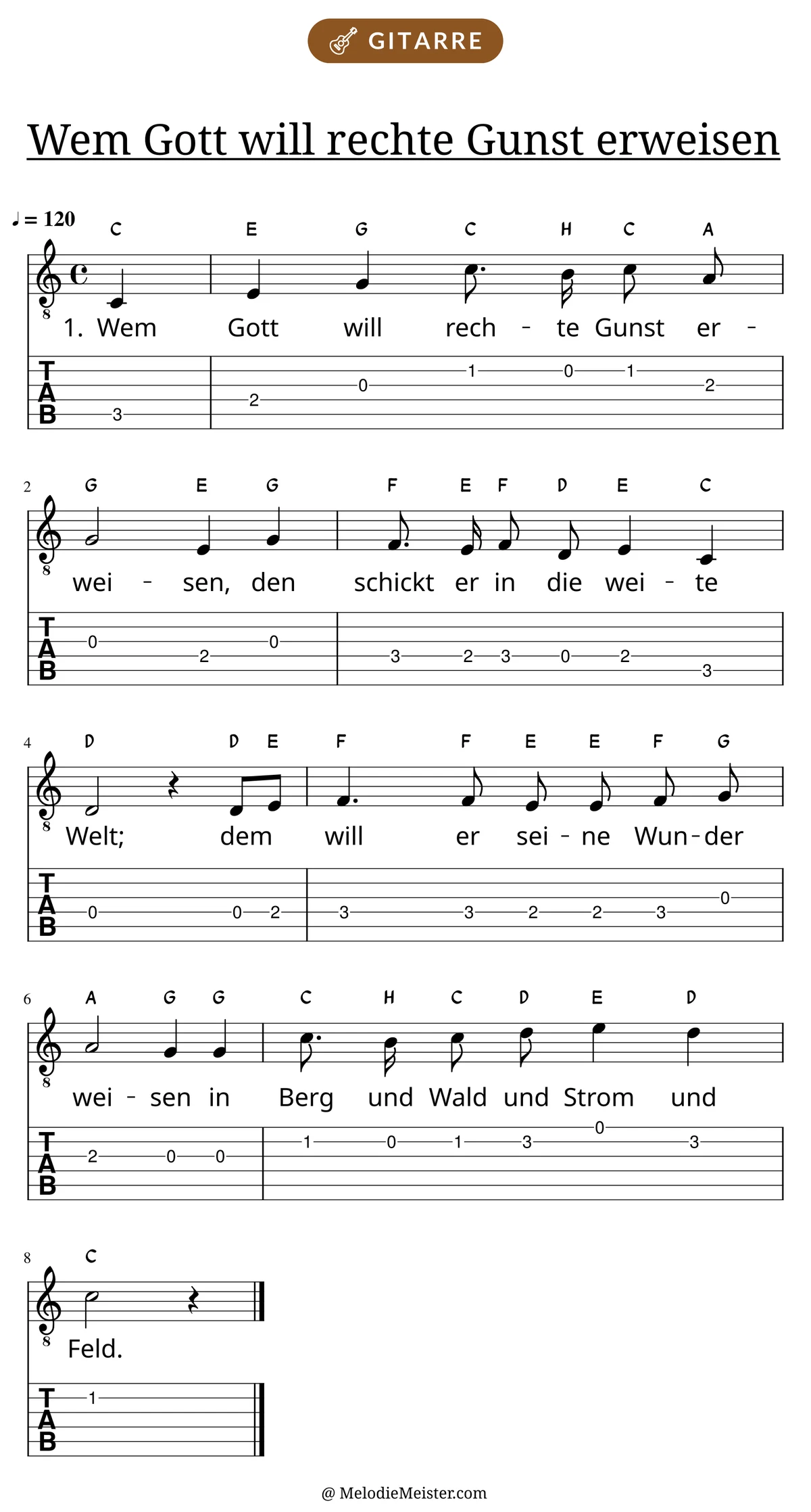 Notenblatt „Wem Gott will rechte Gunst erweisen“ für Gitarre: Melodie mit Buchstaben über den Noten, darunter der Liedtext der 1. Strophe und die Gitarren-Tabulatur mit Bundzahlen.
