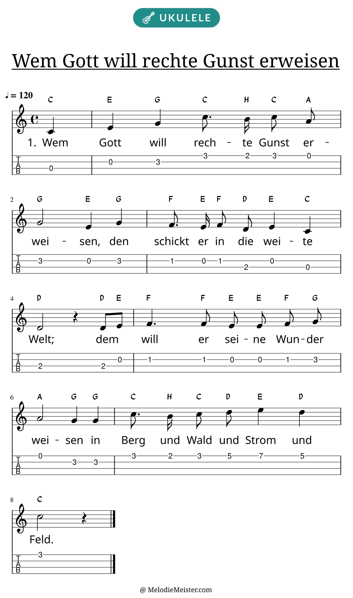 Notenblatt „Wem Gott will rechte Gunst erweisen“ für Ukulele: Melodie mit Buchstaben über den Noten, darunter der Liedtext der 1. Strophe und die Ukulele-Tabulatur mit Bundzahlen.