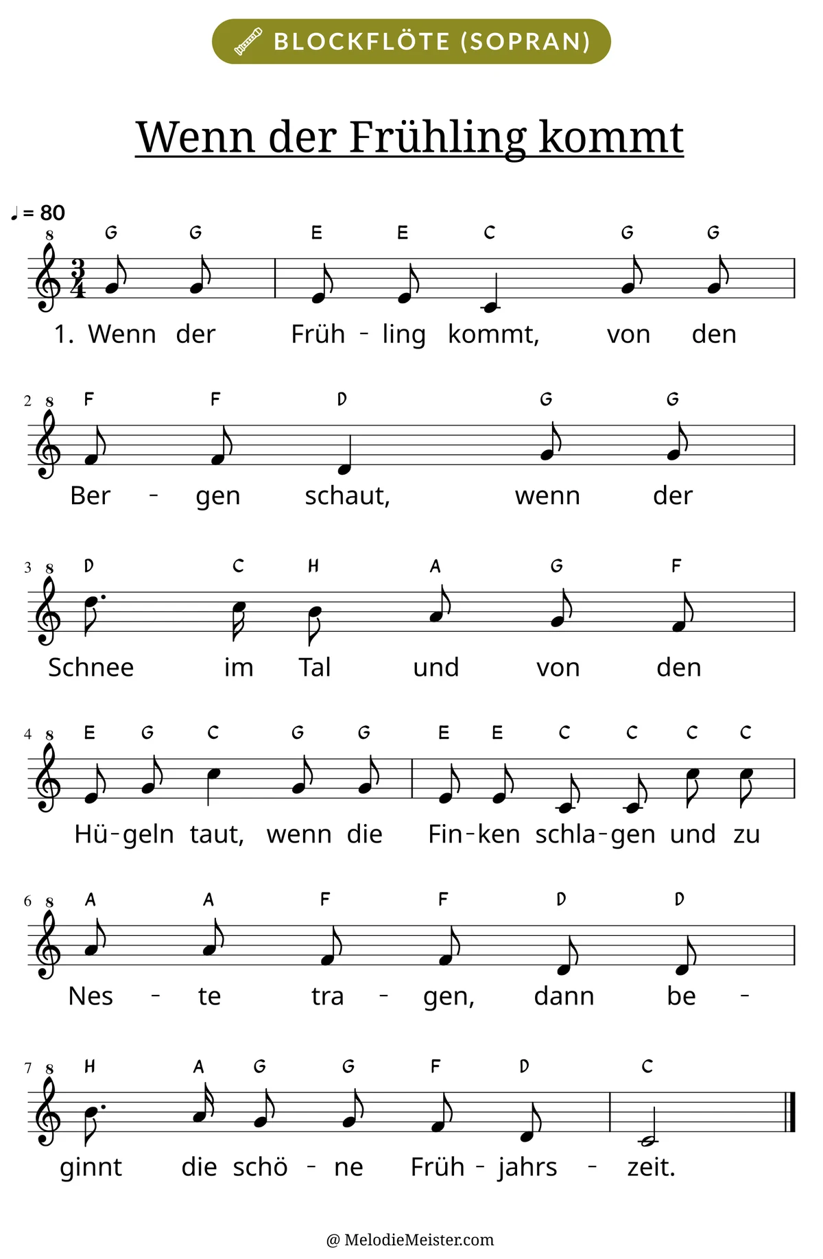 Notenblatt „Wenn der Frühling kommt“ für Blockflöte: Melodie mit Buchstaben über den Noten, darunter der Liedtext der 1. Strophe.