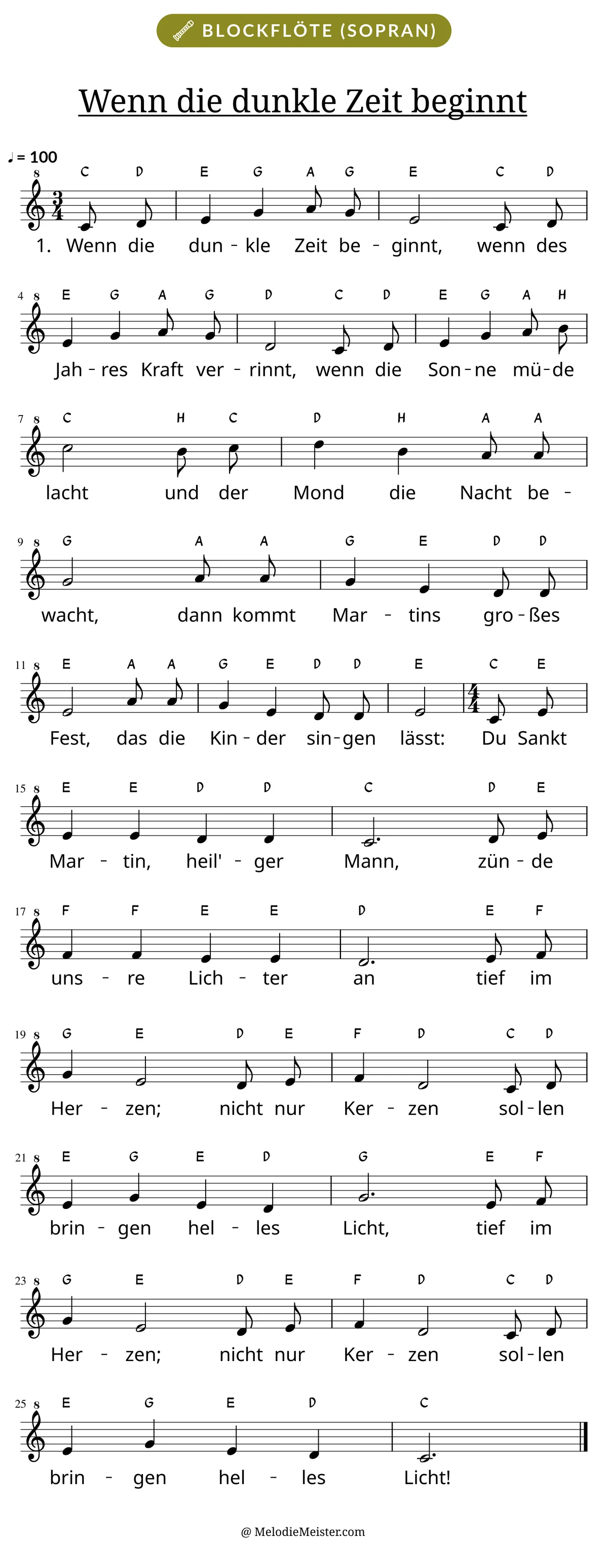Notenblatt „Wenn die dunkle Zeit beginnt“ für Blockflöte: Melodie mit Buchstaben über den Noten, darunter der Liedtext der 1. Strophe.