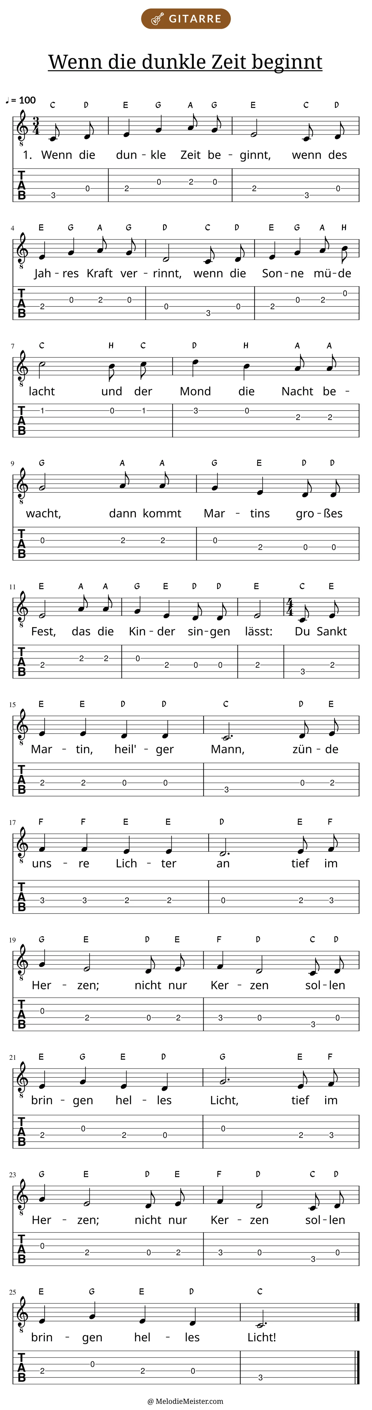 Notenblatt „Wenn die dunkle Zeit beginnt“ für Gitarre: Melodie mit Buchstaben über den Noten, darunter der Liedtext der 1. Strophe und die Gitarren-Tabulatur mit Bundzahlen.
