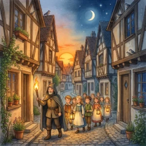 Kinder mit Laternen folgen in der Abenddämmerung einem Mann mit Fackel durch eine Fachwerkgasse, am Himmel steht eine Mondsichel.