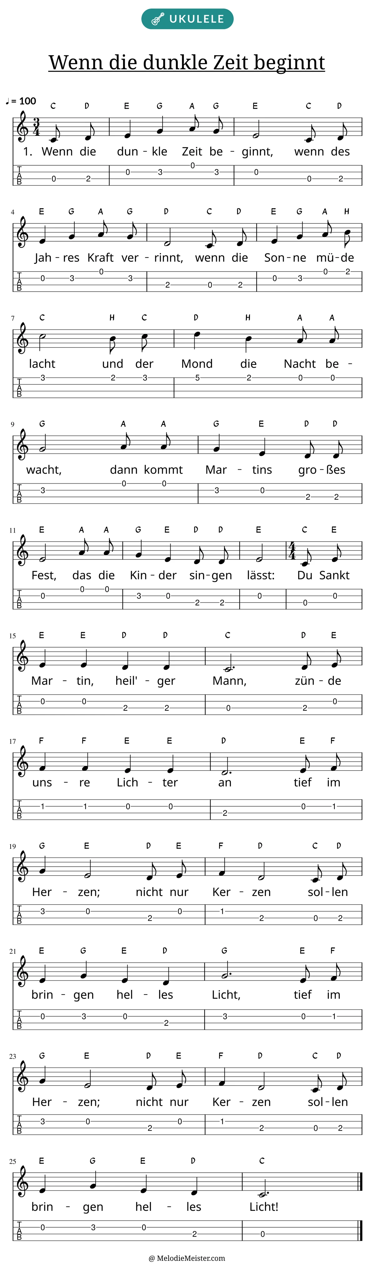 Notenblatt „Wenn die dunkle Zeit beginnt“ für Ukulele: Melodie mit Buchstaben über den Noten, darunter der Liedtext der 1. Strophe und die Ukulele-Tabulatur mit Bundzahlen.