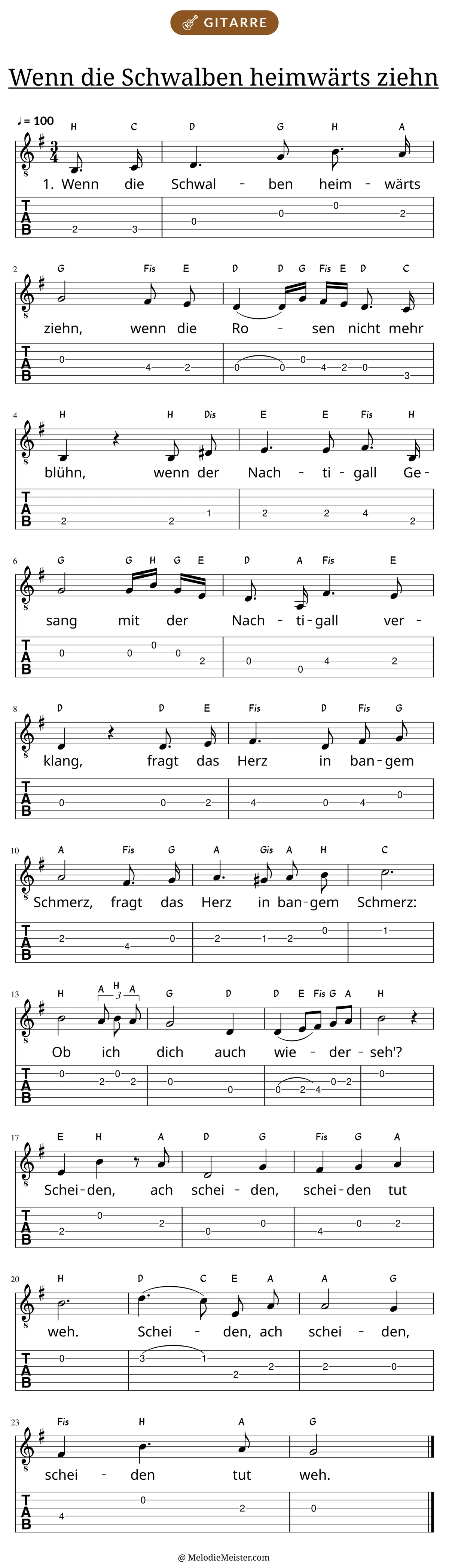 Notenblatt „Wenn die Schwalben heimwärts ziehn“ für Gitarre: Melodie mit Buchstaben über den Noten, darunter der Liedtext der 1. Strophe und die Gitarren-Tabulatur mit Bundzahlen.