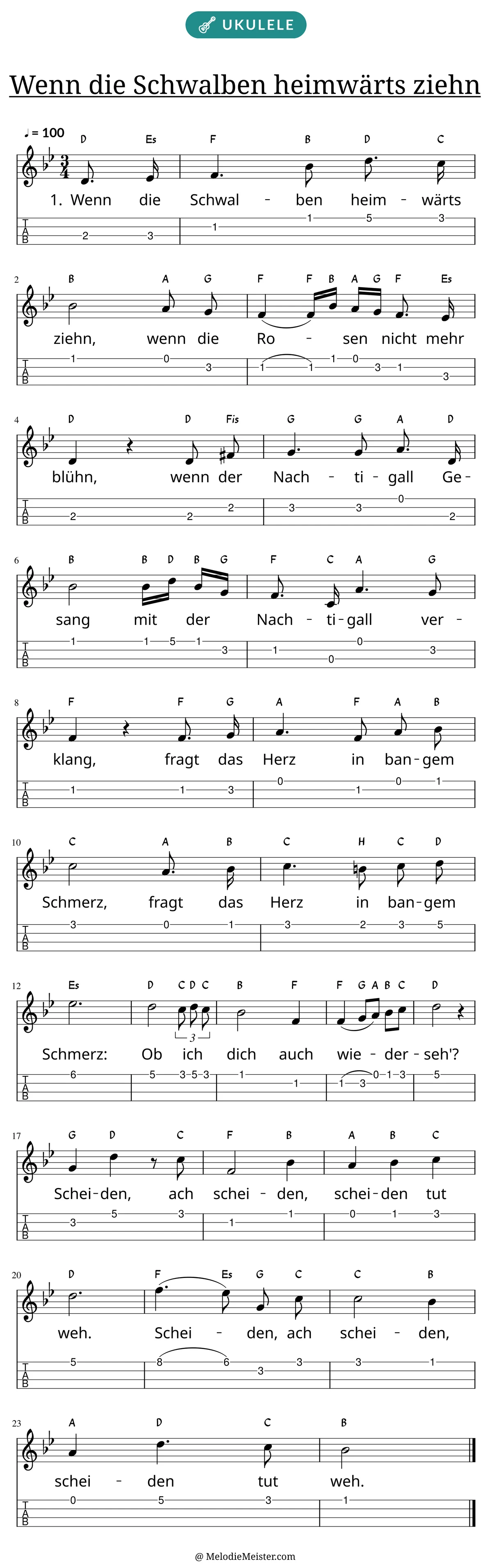 Notenblatt „Wenn die Schwalben heimwärts ziehn“ für Ukulele: Melodie mit Buchstaben über den Noten, darunter der Liedtext der 1. Strophe und die Ukulele-Tabulatur mit Bundzahlen.