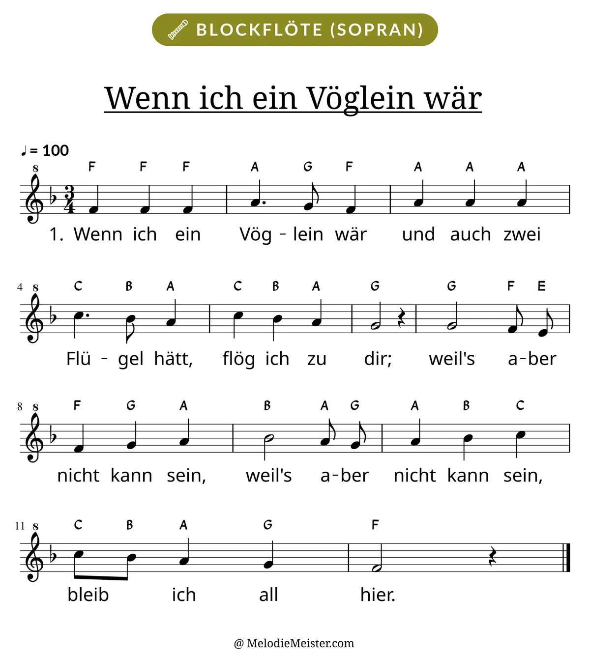 Notenblatt „Wenn ich ein Vöglein wär“ für Blockflöte: Melodie mit Buchstaben über den Noten, darunter der Liedtext der 1. Strophe.